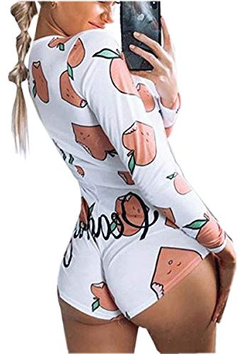 Loalirando Damen Einteiler Pyjama Sexy Tiefer V-Ausschnitt Langarm Shorts Jumpsuit Entzückender Druck Babydoll Onsies Strampler, pfirsich, M