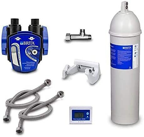 Untertisch-Wasserfilter: Brita Purity C 300 Quell ST Filter, Brita Filterkopf, Flexschlauch, Wandhalterung, Eckventil-Adapter. Ideal für Gastronomie! (Mit Elektronische Wasseruhr DigiFlow 6710M-22)