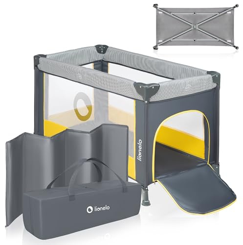 lionelo Stefi Cuna de Viaje para Bebé Apertura Lateral, Colchoneta 120x60 cm, Sistema LockGuard, Lados de Malla Transpirable, Bolsa de Transporte Incluida