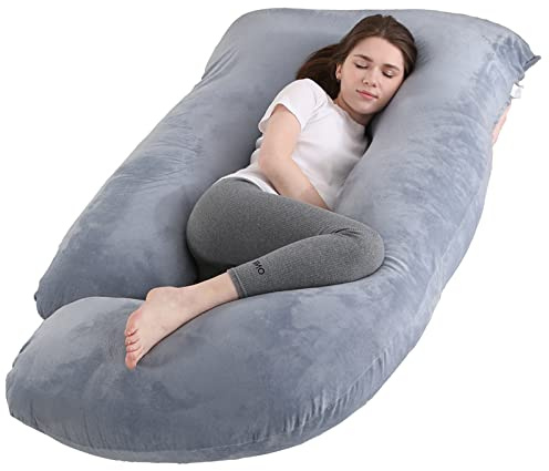 Jcickt Almohada de embarazo en forma de J, almohada de cuerpo completo, 59 pulgadas con funda de terciopelo, fácil de quitar y lavar, apoya la espalda, las piernas y las caderas de las mujeres