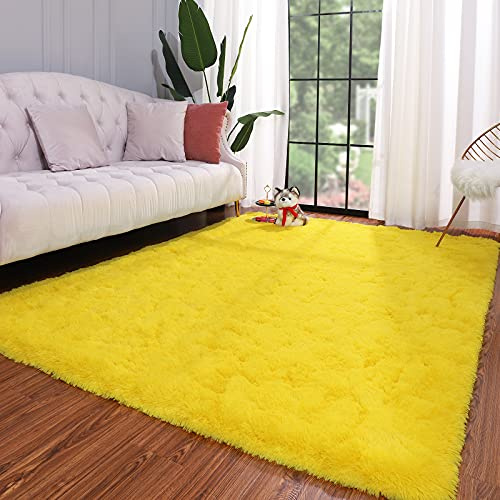 Keeko Yellow Fluffy Area Rug, 3x5ft Cute Shag Carpet for Bedroom, High Pile Shaggy Carpets for Living Room, Indoor Fuzzy Rugs for Girls Kids Room Home