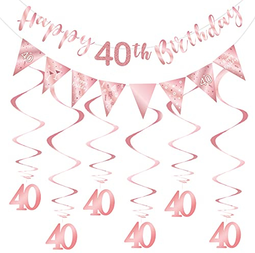 Roségold 40. Geburtstagsdekoration für Mädchen, Happy 40. Geburtstag Banner Bunting Swirls, Triangle Flag Banner für 40 Geburtstagsfeier Dekorationen Zubehör