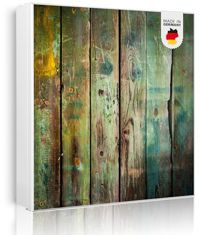 banjado Großer Schlüsselkasten Metall - Schlüsselbox 30x30cm beschreibbarer mit 32 Haken - Schlüsselkasten modern für Schlüsselaufbewahrung - Korpus Weiß Scharnier Links - Motiv Grünes Holz