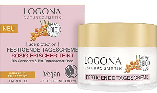 LOGONA Naturkosmetik Crema viso anti-invecchiamento per pelle matura e pallida, crema da giorno rosa con olivello spinoso biologico e acqua di rose damascene biologiche, protezione contro l'età, 50 ml