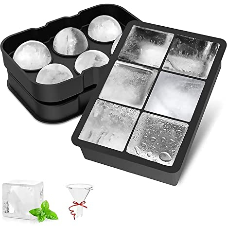 Silicone Ice Cube Tray (Set of 2), Large Ice Cube Moulds & Ice Ball Maker with Funnel, Easy Release, Reusable BPA Free Ice Tray for Whiskey, Cocktails, Baby Food, Craft, Homemade, Black