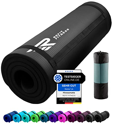 REFIT FITNESS Gymnastikmatte Profi 190 x 60 x 1.0 cm Schwarz PainProtect SmartCell NBR rutschfeste Yoga Matte Pilates Sport Gymnastik Yogamatte 10 MM Sportmatte Tragegurt Tasche