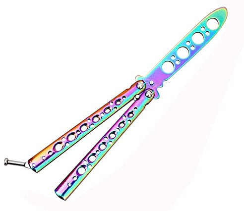 Lerkely Titanium Butterfly Knife Trainer - Unsharpened Bailisong for Martial Arts Training and Flipping Tricks - Rainbow Folding Design