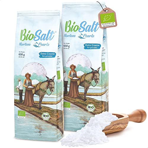 BioSalt Sal Marina Virgen Ecológica 2 x 650 g Extra Gruesa Sal de Cádiz 100% Natural Sin Refinar y Rica en Minerales + Sal Gourmet Cocina Saludable + eBook Exclusivo de Recetas Gourmet