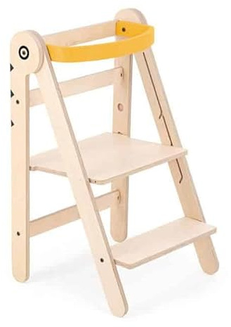 Mamatoyz Giallo Fold Torre Montessoriana di Apprendimento Pieghevole Multiuso Learning Tower in Legno Naturale Multistrato di Betulla con 3 Altezze Regolabili