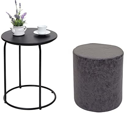 Mendler 2er-Set Sitzhocker und Beistelltisch HWC-K48 MDF - schwarz | Kaffeetisch, Tisch, Hocker, MVG-Zertifiziert, Metall, Kunstleder