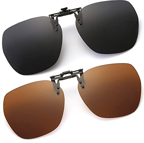 YAMEIZE Polariserade Clip On Runda Solglasögon - Anti-Glare Glasögon med Flip Up Rimless UV400-skydd för män kvinnor som kör och reser utomhus, Grå+brun, 142 millimeters
