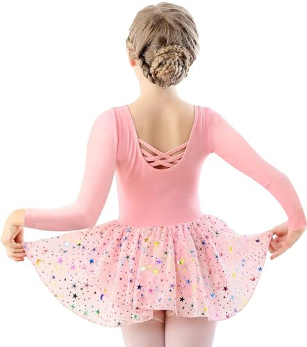 DANSHOW Kinder Ballettkleidung Mädchen Tanzkleider Mädchen Lange Ärmel Balletttrikot Ballettanzug Tanzkleid mit Chiffonrock(40421-08Q-M)
