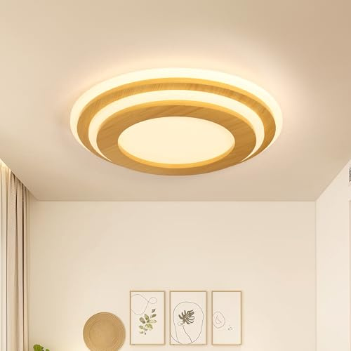 LUOLONG LED Deckenleuchte Holz Deckenlampe Runde 35W Schlafzimmerlampe 40CM Dimmbare Deckenleuchten 3000-6000K Moderne Wohnzimmerlampe Acrylschirm Schlafzimmer Wohnzimmer Arbeitszimmer Büro