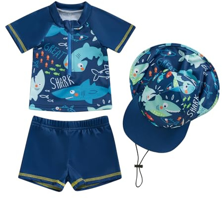 Carolilly - Bañador infantil de 3 piezas, con cremallera estampada de dibujos animados de manga corta + bragas de baño + sombrero anti UV (0-5 años), Azul Tiburón, 0-6 meses