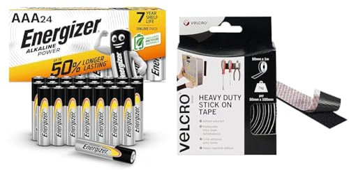 Energizer AAA Batteries, Alkaline Power, 24 Pack, Triple A Battery Pack - Amazon Exclusive & VELCRO Brand Heavy Duty Stick On Tape Cut-to-Length Industrial Extra Strong Double Sided Hook