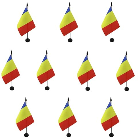 AZ FLAG - Set of 10 Romania Table Flag 4'' x 6'' - 10 Small Romanian Office Flags 100% Polyester 15 x 10 cm - Mini Desk Flag with 10'' Pole and Black Plastic Base