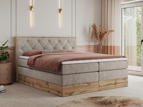 MKS MEBLE King Boxspringbett 200x200 mit Kopfteil und Bettkasten, Polsterbett mit Matratze H3 und Topper T25, Wotan Eiche Dekor - Beige Strukture - Veneto King
