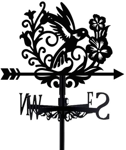 BEUNITONE Bird Weathervane 26” Height Black Metal Hummingbird with Flower Weather Vane Roof Garden Direction Sign Windmill Wind Cups & Brackets for Outdoor Farmhouse Decoration Garden Yard Home Decor