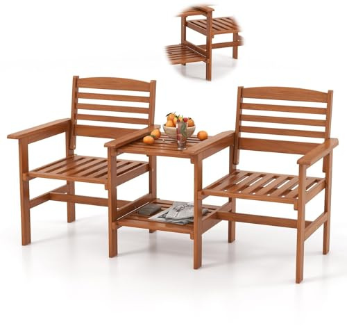 RELAX4LIFE Tavolo da Giardino con Sedie, Tavolino a 2 Livelli con Foro per Ombrellone (4cm), Poltrona Ergonomiche a Doghe Impermeabile, Set Mobile in Legno per Esterno (Arancione, Fisso)
