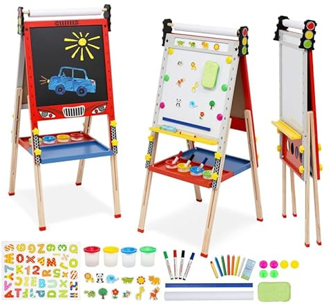 Kinder Staffelei,3 in 1 Kinder Staffelei mit Papierrolle,Höhenverstellbar Kids Easel Foldable Double-Sided Whiteboard&Chalkboard,Anderem Zubehör für Kinder und Kleinkinder,Tafel für Kinder 3-8 Jahren