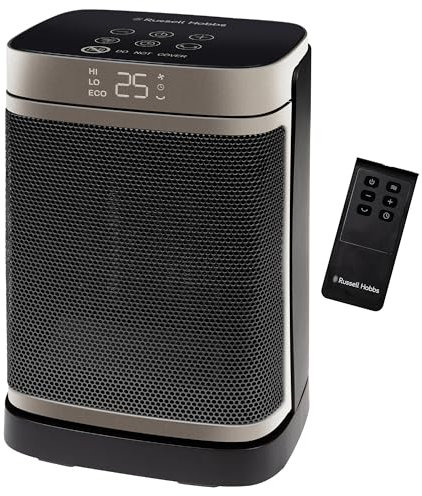 Russell Hobbs Space Heater in Black & Gold 1500W Silent Portable Oscillating Ceramic Electric Heater, Low Energy Digital Display, 4 Modes, 24hr Auto Timer, Overheat Protection, RHCH2001G
