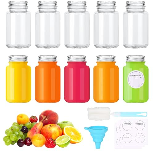 Nadisean 10Pcs 2.7oz/80ml Glass Shot Bottles with Lids, Leak-Resistant | Clear Ginger Shot Bottles Reusable, Glass Juice bottles with Lids, Brush, Funnel, Labels, for Juice Ginger Milk Spice, Travel