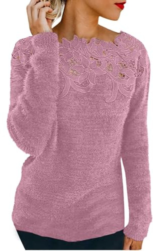 HUIFUAO Lace Cashmere Jumpers Ladies Plus Size Velvet Sweaters for Women UK Long Sleeve Elegant Sexy Womens Sweatshirts and Pullover (Pink #2, XL)