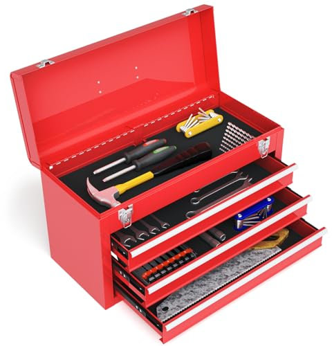 HOMFME 3 Drawer Tool Box, Lockable Tool Storage Box with Latch System, Top Layer, Bearing Slides, EVA Mats, Tool Chest Heavy-Duty Tool Storage Cabinet for Workshop Garage, 52x22x 31cm (Red)