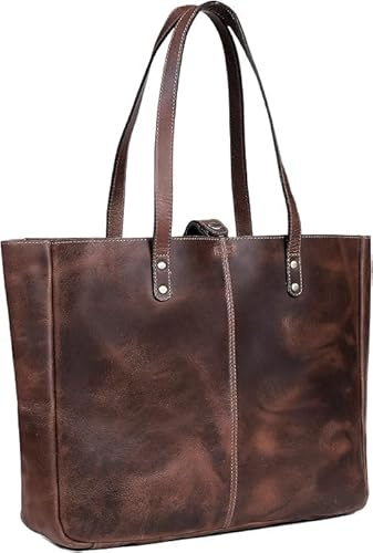 american blue Vintage Echtleder Tote Bag Handtasche Shopper Geldbörse Schultertasche für Damen Büro Laptop Tasche, braun, Large (Distressed-Braun)