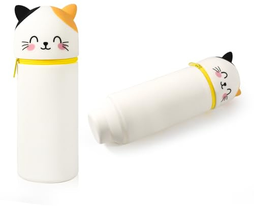 Kawaii Federmäppchen,2-in-1 Silikon Federmäppchen mit Katzen/Stand Up Stiftetasche Buntstifte Marker Tier Stifthalter für Schule/Geschenke | Süßes Etui für Kinder (15 Stifte Kapazität)