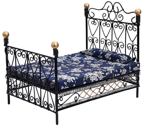 Puppenhausbett im Maßstab 1:12, süßes, realistisches Puppenbett mit Matratze und Kissen, Mini-Bett, kreatives DIY-Miniatur-Puppenhauszubehör für Kinder, spielendes Geschenk, schwarzes Mini-Bett