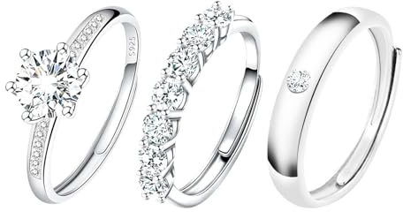 3PCS Silver Rings for Women, Adjustable 925 Sterling Rings with Cubic Zirconia, Elegant Statement Ring Set, Gifts for Women