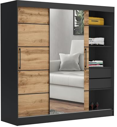 Brent - Kleiderschrank mit Spiegel und Schubladen 200cm Breit Chelsea Tomy, Schwebetürenschrank, Schlafzimmerschrank, Schwarz/Wotan Eiche