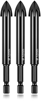 GUTUYEHKEA Juego de Brocas for mampostería, Vidrio y hormigón, de 3 mm a 12 mm, Brocas Multiusos de carburo de tungsteno for baldosas de cerámica y Porcelana, hormigón.(3PCS 12MM)