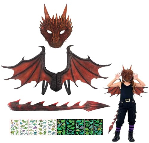 CWENDANER Set completo di costume da drago per bambini con ali 3D, maschera e coda, dinosauro gioco di ruolo, per ragazzi e ragazze, Halloween, costume di carnevale (rosso)