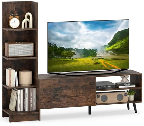 KOMFOTTEU Meuble TV pour Téléviseurs Jusqu' 50, 2 en 1 Banc TV et Bibliothèques avec Étagères latérales & Armoire à Porte, Meuble Multifonctionnel pour Salon Chambre et Bureau (Marron)