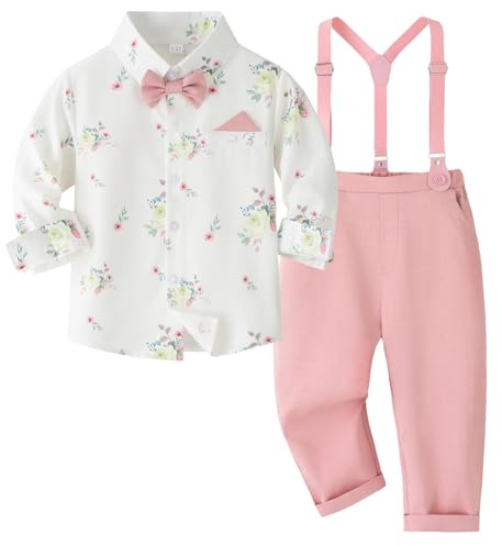 Yaopelky Ensemble de costume formel pour garçon - Chemise à manches longues avec nœud papillon et porte-jarretelles - Costume de mariage pour garçon, motif floral rose, 3-4 ans