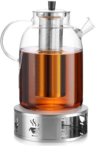 BAIFULAI 1,8 l tekanna glas med sil, rostfritt stål värmare, tekokare, kanna set av borosilikatglas tekanna med värmare för värmeljus tesil tekanna med tebryggare och sil