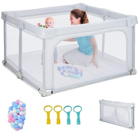 FANTASK Baby Krabbelgitter, tragbarer Laufgitterzelt mit Netzwänden & Tür, Laufstall klappbar mit 4 Griffe, 50 Bälle, Verriegelungsfunktion, Laufgitter für Säuglinge & Kinder, 124 x 124cm (Hellgrau)