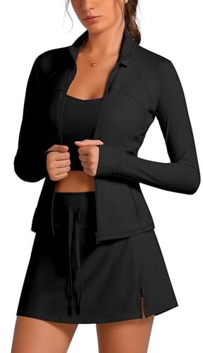 Jogginganzug Damen 3-teilig für Gym: UV-Schutz Sport Set Fahrradjacke mit Daumenschlaufen und Taschen + Tennisrock mit Hose + Sport BH - Tennis Outfit für Fitness Yoga Pilates Workout schwarz Small