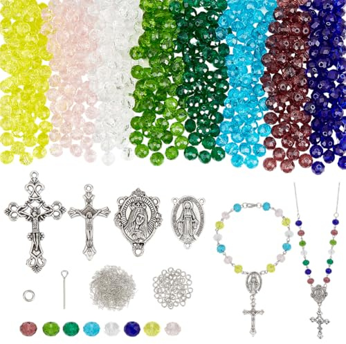 PH PandaHall Rosenkranz Herstellungsset 766 Stück Kristallglas facettierte Perlen mit Kreuz Anhängern Rosenkranz Gebets Herstellungszubehör Erstkommunion Halskettenset für Weihnachten Ostern Ramadan