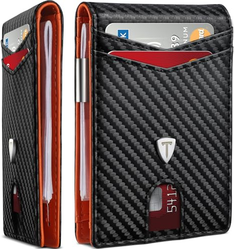 Tomylv Wallet - Mens Wallets RFID Blocking Carbon Fiber, 12 Credit Card Holder with Money Clip, ID Window, Slim Wallets for Men UK, Bifold with Gift Box - Orange & Black (Orange & Black)
