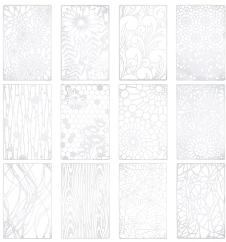 UNICRAFTALE 12 Stück 12 Stile Schablonen Für Bastelarbeiten Wiederverwendbare Textur Kunststoff Schablonen Spinnennetz Vorlagen Weiße Schichtungs Stencils Vorlagen Körnung Florale Kunstschablonen