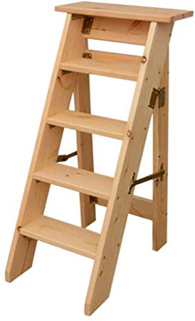 Taburete plegable de 5 escalones, silla de escalera multifunción de madera maciza para el hogar, oficina, cocina y biblioteca, solución elegante y compacta para ahorrar espacio
