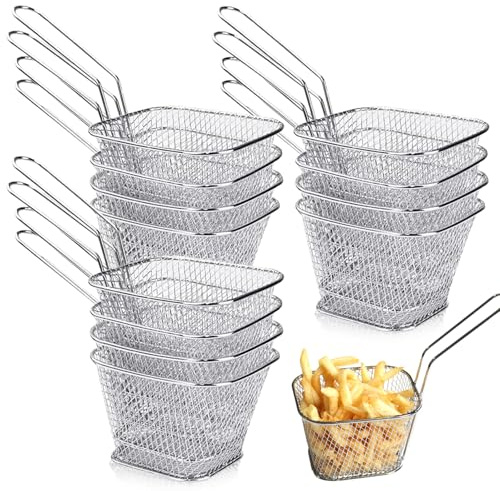 12 stycken pommes-korgar, friteringskorgar i rostfritt stål små serveringskorgar med handtag, mini pommekorgar fritöskorg för servering av pommes frites, räkor, lökringar och snacks