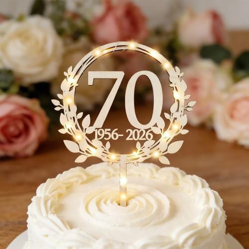 Cake Topper 70. Geburtstag Holz mit LED Lichterkette, 70 Birthday Cake Topper, Geburtstag Deko, Gold und Schwarz Geburtstagsfeier Dekorationszubehör 70 Geburstagstorte Dekoo