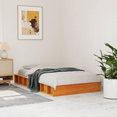 Bucmath Massiv träsäng, vaxbrun, 90 x 200 furu, stabiliserad sängram, platsbesparande design för sovrum, robusta plywoodribbor, hållbara möbler