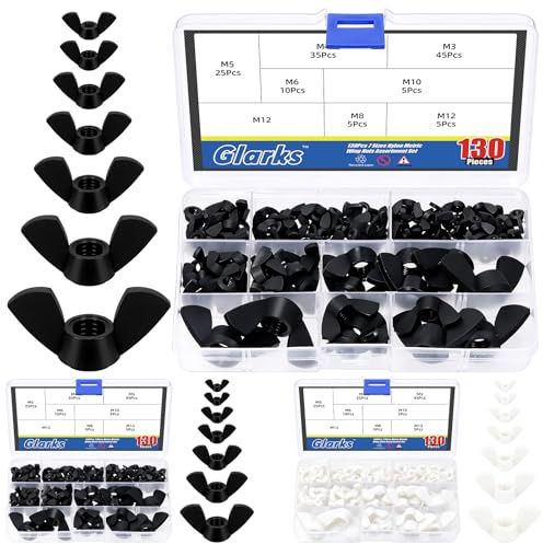 Glarks 130pcs M3/M4/M5/M6/M8/M10/M12 Schwarze Flügelmuttern Sortiment-Kit, Nylon-Schmetterlingsmuttern, Hand-Drehung-Hardware-Mutter, Flügelmuttern Befestigungsteile