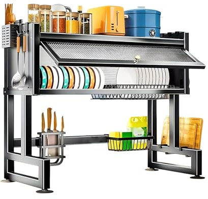 GiHaood Double Layer Over Sink Metal Dish Drying Rack, 75×31×79.5cm | Multi Zone Storage with Hooks & Holders, Humidity Resistant Coated Frame, Anti Slip Stabilising Pads, Sponge Storage Tray