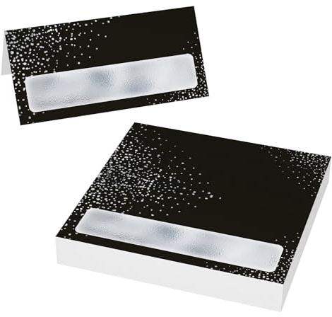 50 × segnaposto nero argento - eleganti biglietti pieghevoli 9 x 4,5 cm per compleanno, anniversario, festa, decorazione da tavolo, spazio per gli ospiti